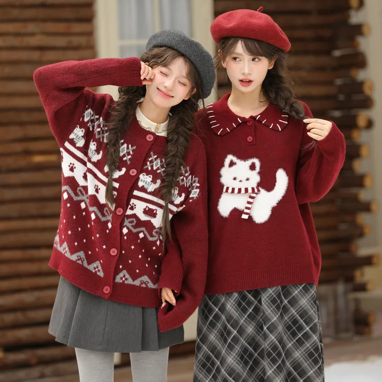 森女部落甜美风猫咪刺绣百搭圆领针织衫女2025秋冬设计感宽松毛衣