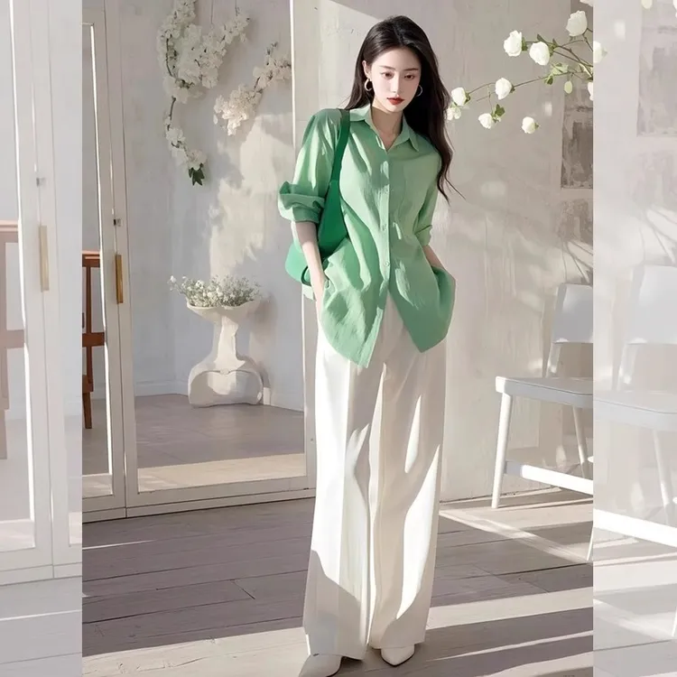 2025春装穿搭一整套通勤风高级感独特漂亮绿色衬衫裤子休闲套装女