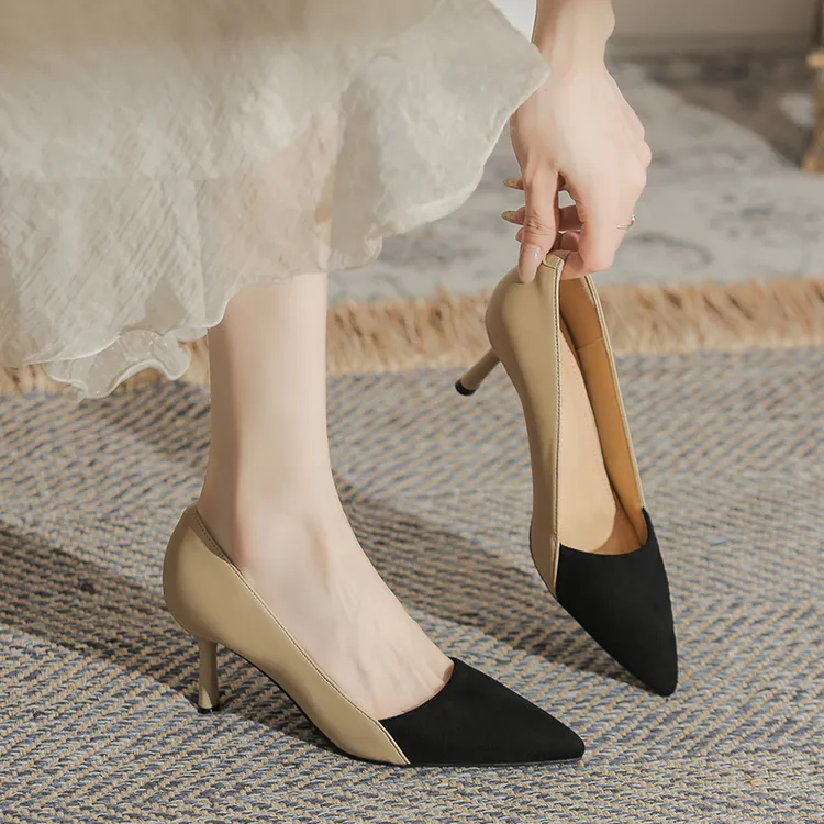 【艾可妙品牌原创】拼色小香风尖头单鞋女细跟中跟法式气质高跟鞋子