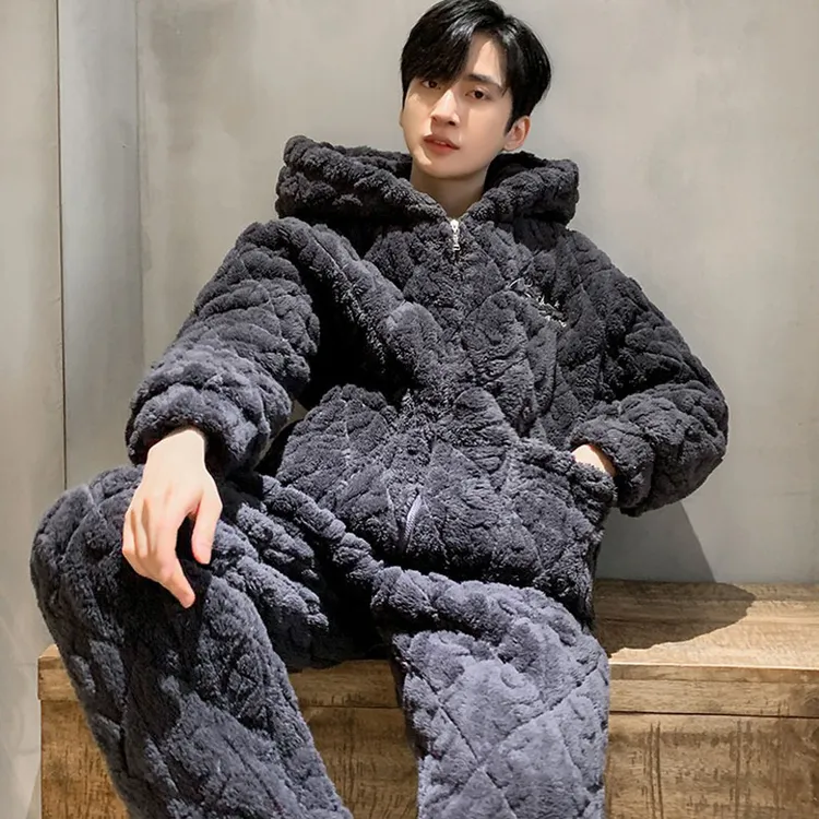 2024连帽睡衣男士秋冬款珊瑚绒三层夹棉加厚加绒男保暖家居服套装
