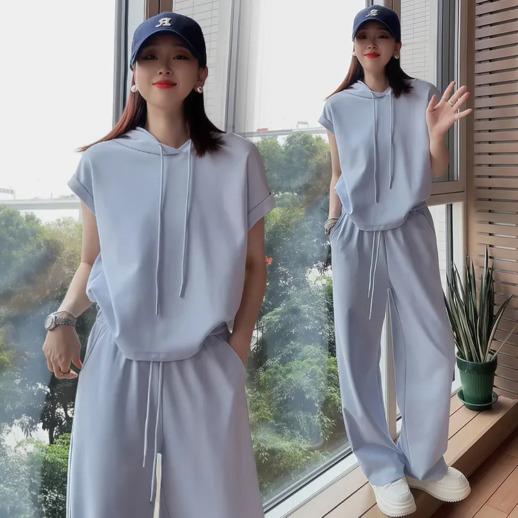 慵懒风休闲套装女2025年夏季新款宽松气质连帽短袖阔腿裤两件套潮