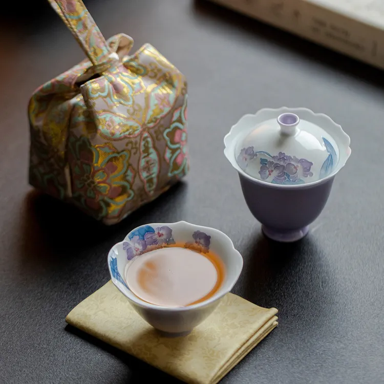 手绘木槿花一人饮套装四件套