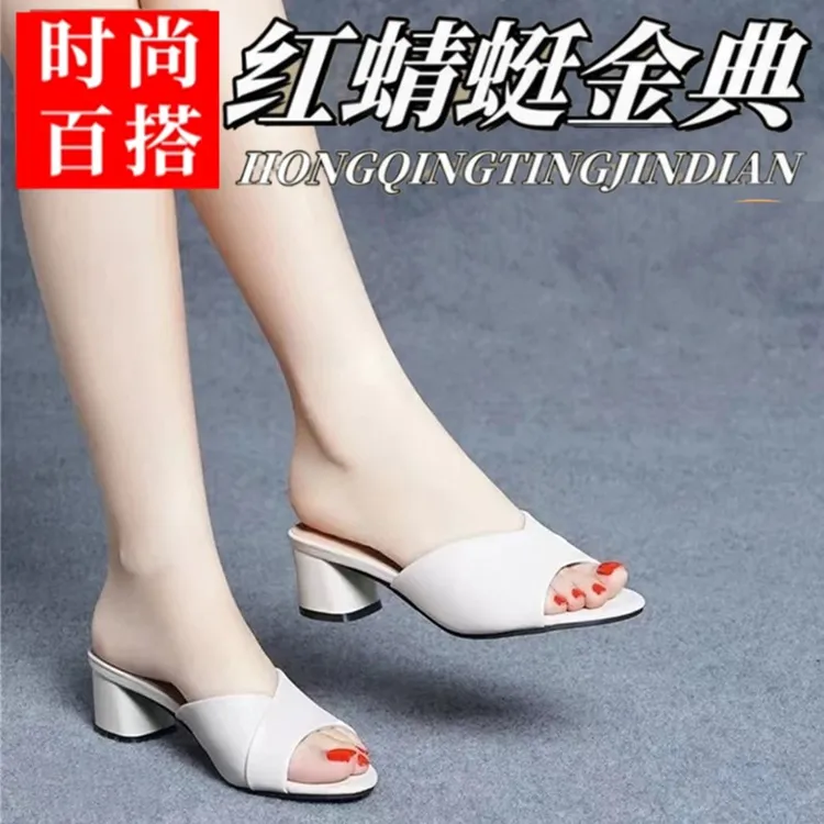 红蜻蜓金典真皮拖鞋外穿女中跟2025新款妈妈时尚粗跟一字拖凉鞋拖