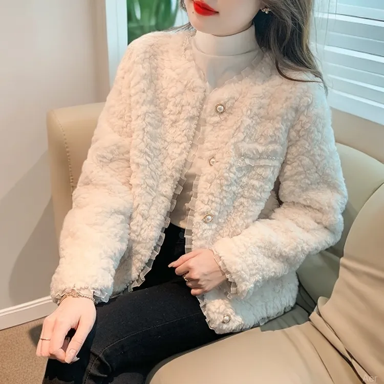 2025秋冬新款韩系休闲时尚小香风外套女加厚设计感蕾丝珠边外套
