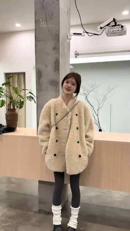 2025年秋冬季新款韩版宽松显瘦双排扣毛毛绒中长款棉衣棉服外套女