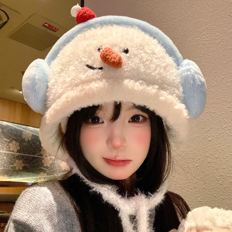 雪人护耳帽冬季毛绒加厚保暖帽系带防风帽通勤显脸小针织帽甜妹风