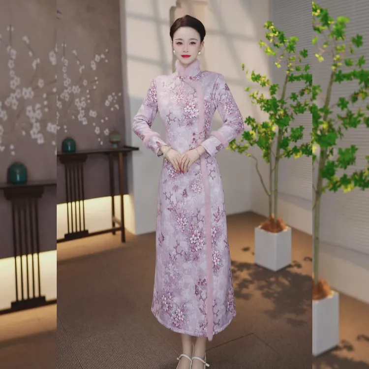 【YU-48】【加厚】新国风麂皮绒毛领古韵加绒新款显瘦遮肉女士连衣裙