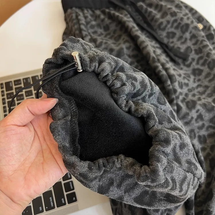 灰色洋气豹纹裤子女2025冬季新款高腰收口束脚两穿加绒垂感阔腿裤