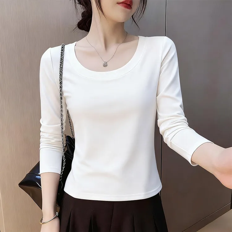 白色U领长袖T恤女秋季新款显瘦减龄遮肚内搭打底衫休闲百搭上衣服