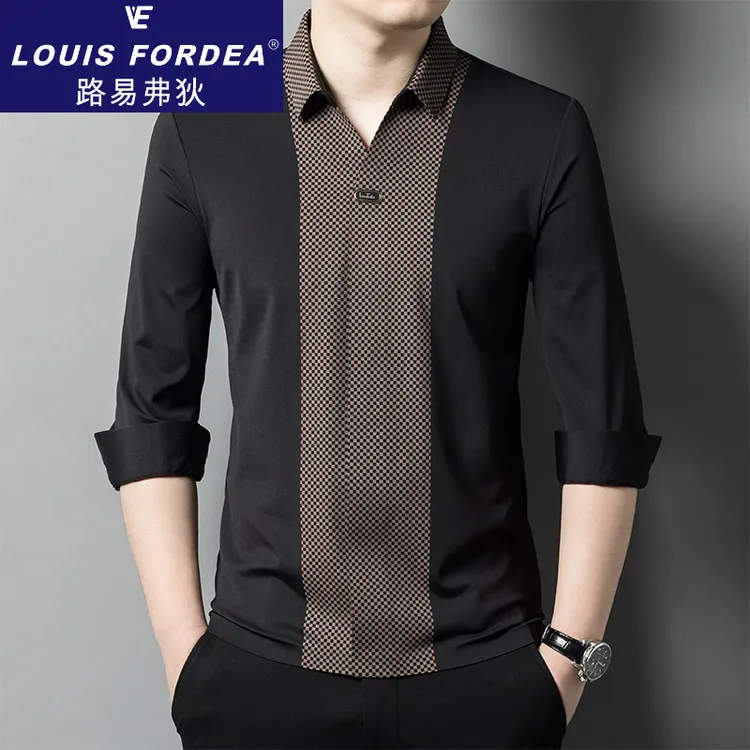 Louis Fordea/路易弗狄翻领长袖T恤男韩版潮流上衣时尚打底polo衫