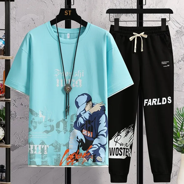 初高中学生冰丝短袖t恤男青少年夏装帅气大童短裤休闲运动套装