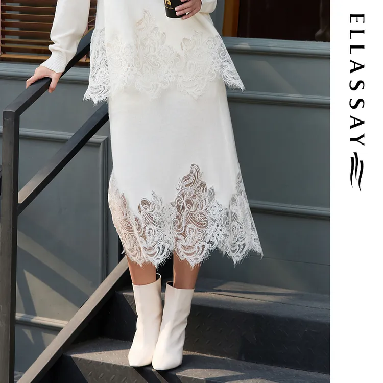 ELLASSAY歌力思2025秋季新款简约蕾丝刺绣半身裙女EWE363M03200