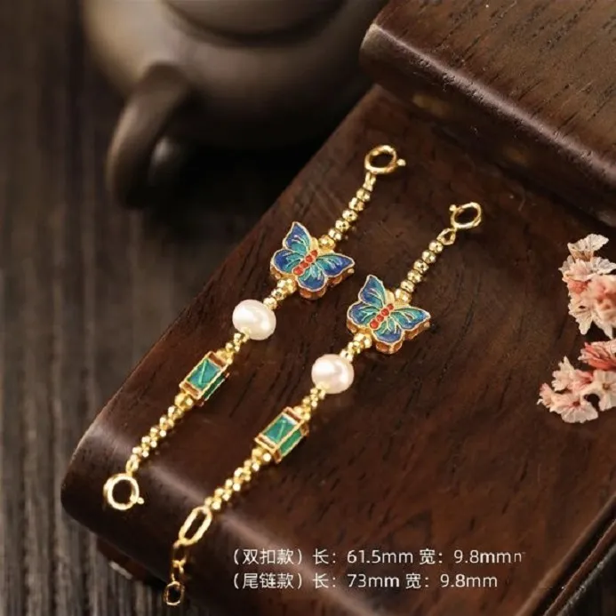 新中式复古烧蓝蝴蝶四方柱爆闪万能链项链手链百搭加长链DIY配件.