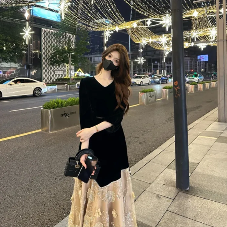 l法式气质连衣裙女秋季新款时髦洋气中长款拼接长裙