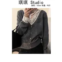 《琪琪家》秋季新款重工设计感拼接蕾丝提花舒适亲肤针织上衣-CS