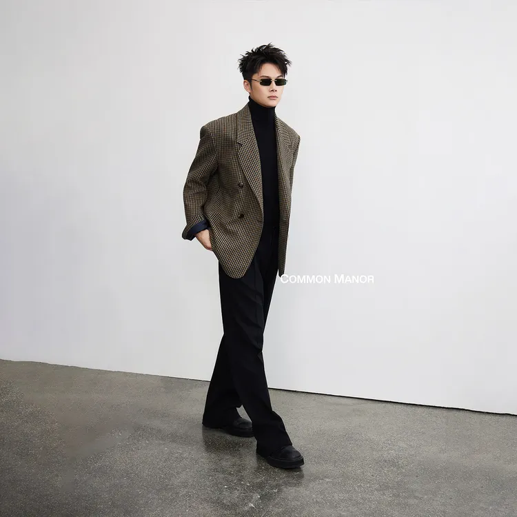 COM25AW【Paris摩登复古千鸟格双排扣】平驳领羊毛格纹秋冬西装外套
