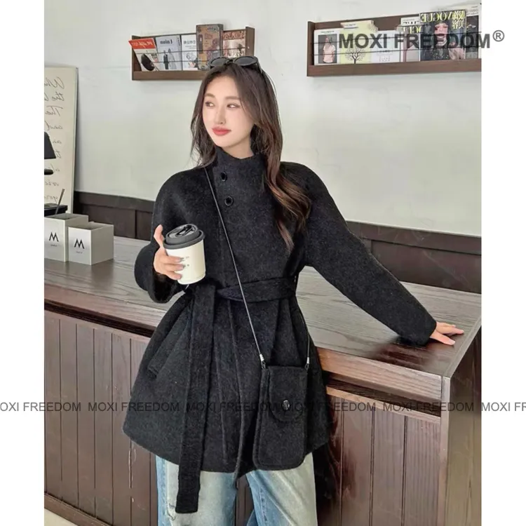 【佩德拉】25年高品质立领减龄包包款中长款双面羊毛呢大衣外套女装