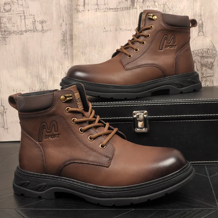 男士简约冬季加绒保暖真皮牛皮中帮马丁靴英伦风户外短靴子棉靴子