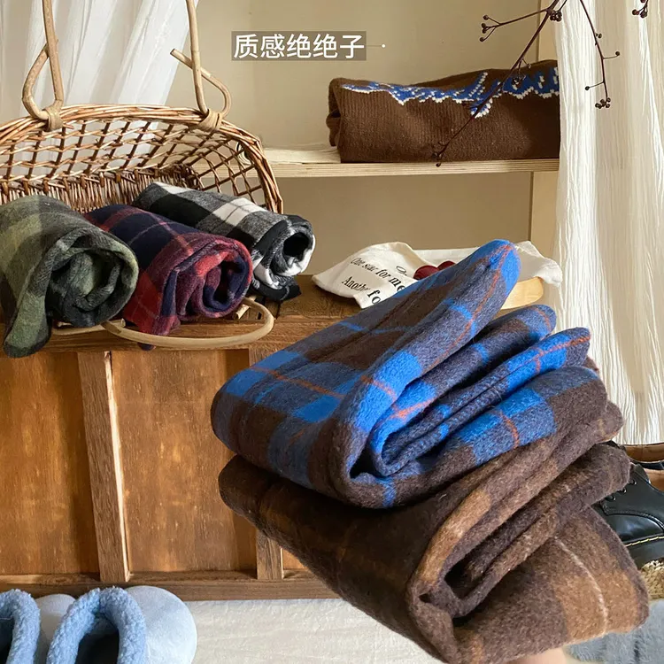 韩国学院风格子小开叉呢料半身裙女冬复古高腰防走光A字毛呢短裙