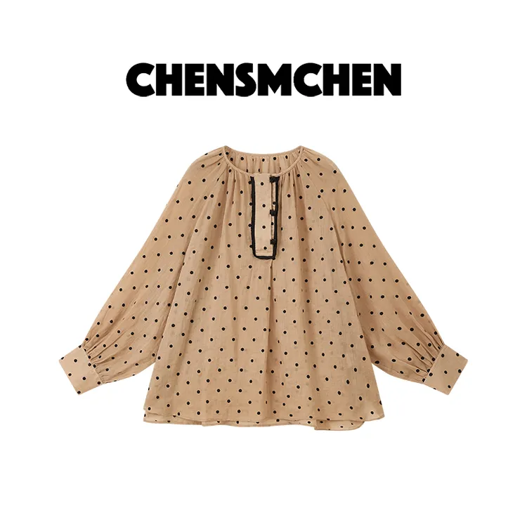 CHENSMCHEN100苎麻圆领波点长袖衬衫女早秋宽松显瘦衬衣CSC6043MN
