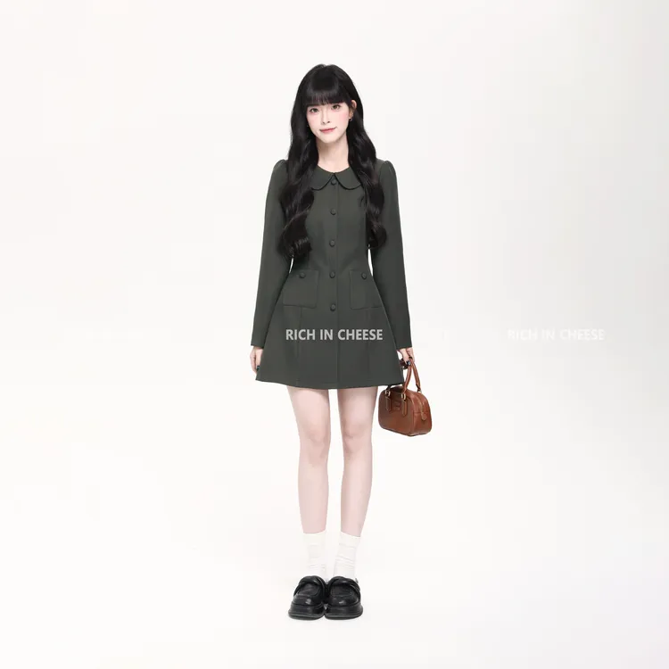 RICHINCHEESE 素写假日 格雷系娃娃领西装料设计感秋冬气质连衣裙