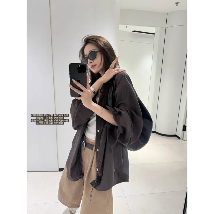 抽绳设计衬衫式外套百搭抽绳宽松上衣女2025年秋季通勤开衫