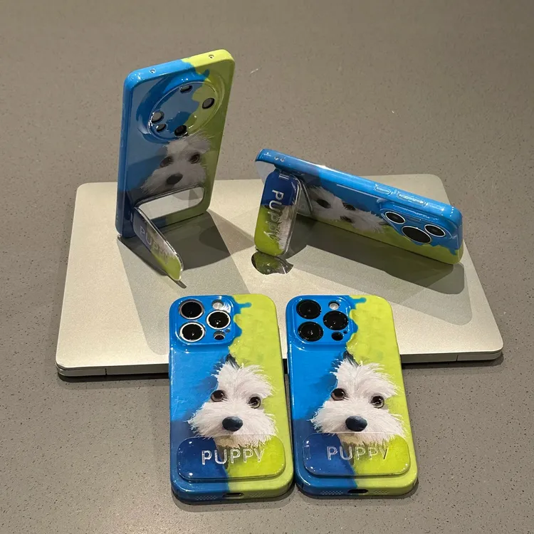 适用苹果16手机壳毛绒小狗华为oppo小米vivo荣耀iPhone15镜面支架