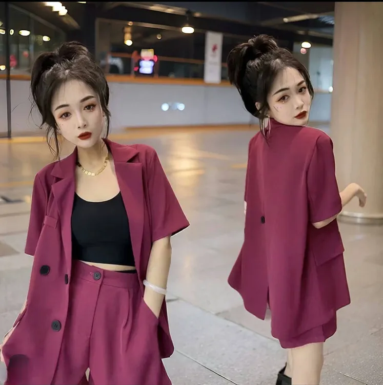 韩版休闲西装套装时尚短裤两件套女装夏季新款薄款短袖洋气小个子