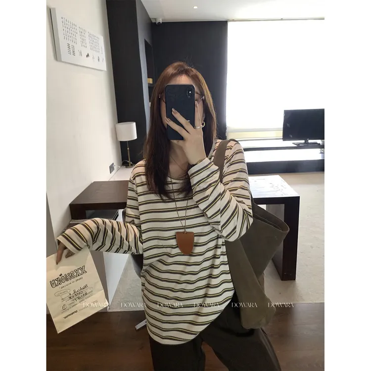 现货大婉酱微胖定制韩系条纹长袖T恤秋季圆领修身休闲上衣女2721D