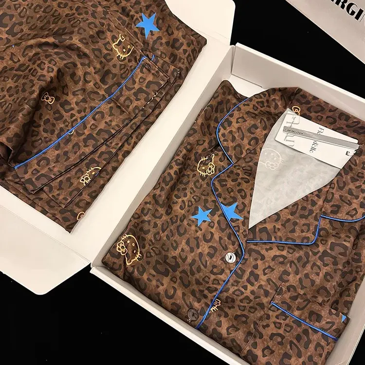 网红爆款Hello Kitty豹纹翻领开衫睡衣女款春秋季长袖套装家居服