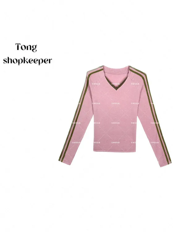 QJ/彤掌柜1682420 秋款25领口设计条纹羊毛天丝拼接优雅显瘦上衣