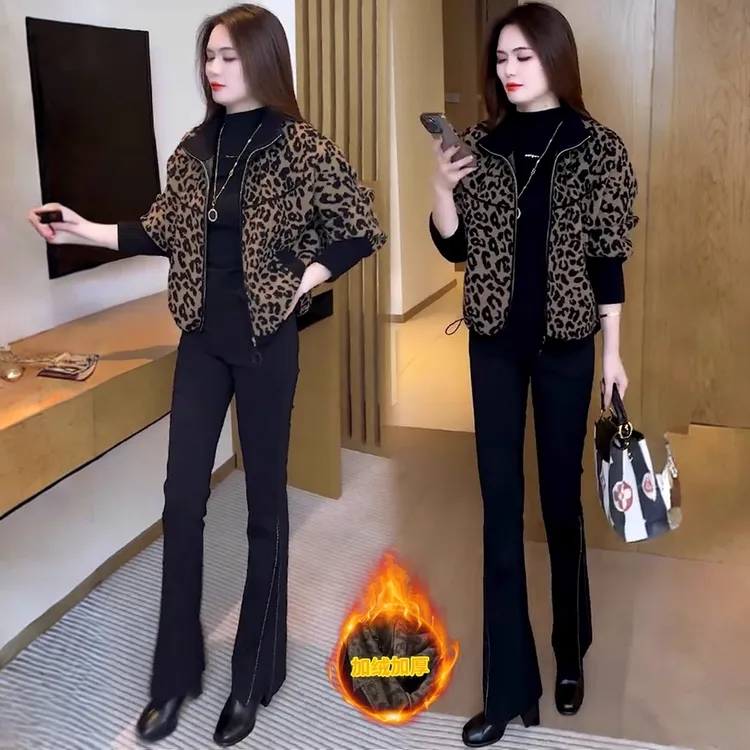 时尚加绒加厚休闲豹纹短款外套女2025秋冬新款设计感港风显瘦上衣