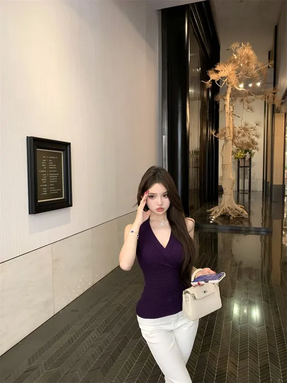 韩版时尚百搭显瘦紫色V领针织吊带背心女夏季修身内搭上衣气质