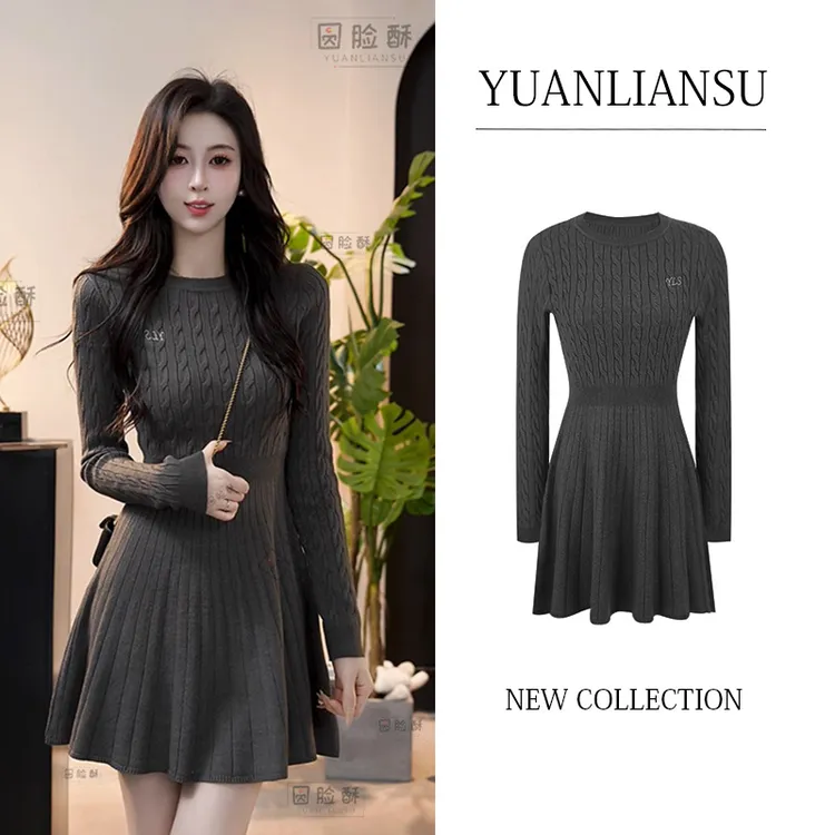 YUANLIANSU/圆脸酥【蓝岛孤鲸】法式复古气质圆领麻花针织连衣裙女