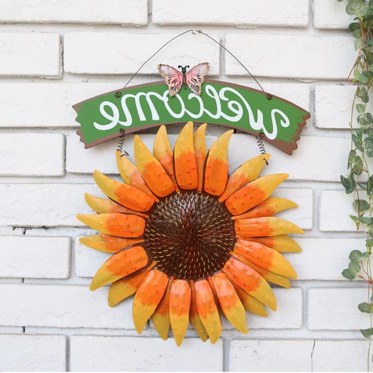 欧式田园风格创意客厅墙面装饰品壁饰WELCOME太阳花铁艺挂饰挂件