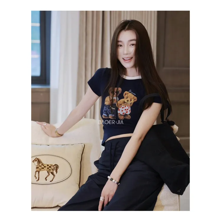 国潮-【可爱小熊】宝儿家含幂BL102325204夏季趣味印花小熊撞色T恤