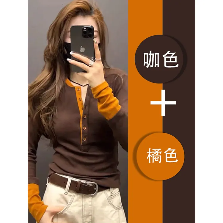 大码假两件拼色长袖T恤女2025新款春秋季显瘦气质撞色打底衫上衣