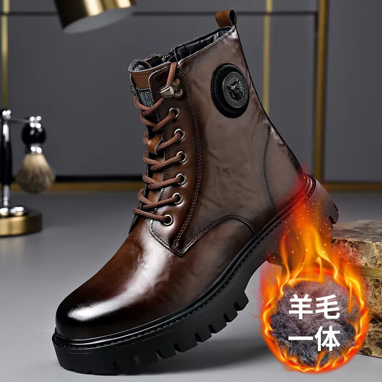 头层牛皮马丁靴男2025冬季新款真皮羊毛一体保暖高帮棉皮靴雪地靴