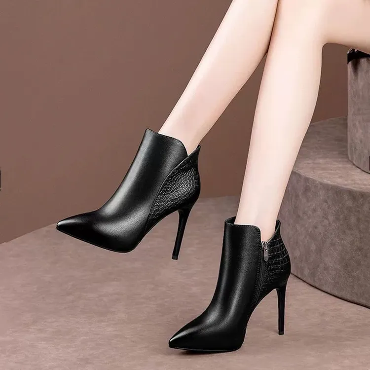 软皮舒适细跟短靴2025年秋冬季新款加绒时尚阔腿裤必备鞋上班鞋子