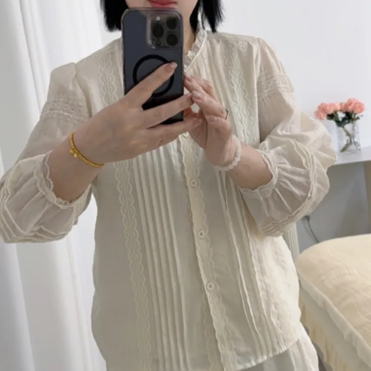 夏季常规蕾丝长袖衬衫法式时尚轻奢