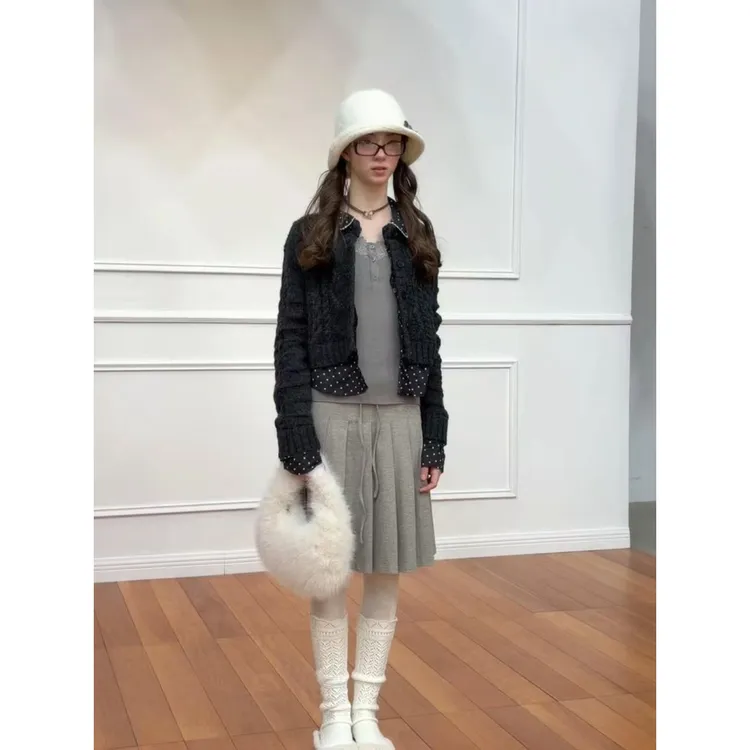 2025秋冬新款韩系针织开衫翻领系带毛衣外套上衣半身裙短裙百褶裙