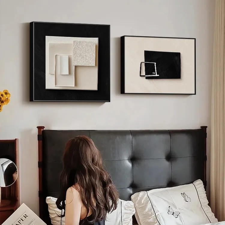 极简约风卧室床头装饰画黑白抽象餐厅客厅挂画高级感主卧墙面壁画