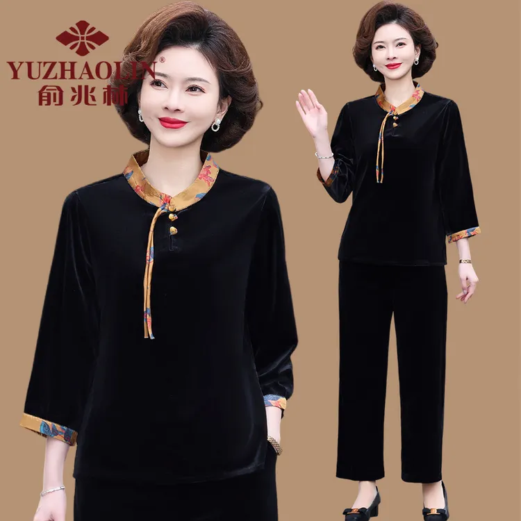 俞兆林新中式国风小衫2025新款妈妈秋装仿金丝绒套装中老年女春秋