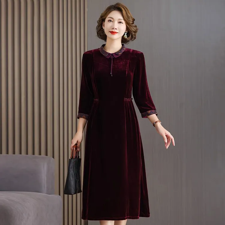 丝绒真丝连衣裙高端喜婆婆婚宴礼服秋冬桑蚕丝金丝绒高贵真丝绒