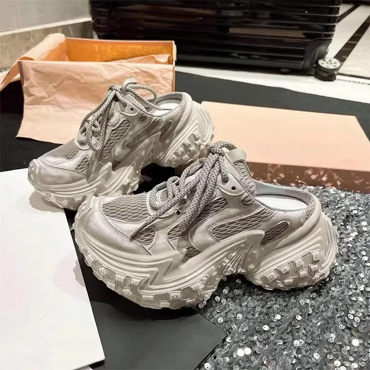 韩版轮胎底包头半拖老爹鞋女夏外穿2025做旧新款厚底擦色休闲鞋