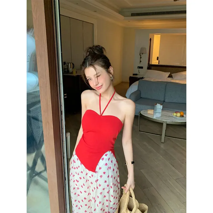 韩版洋气时尚设计辣妹挂脖系绳抹胸波点拖地印花休闲阔腿裤两件套