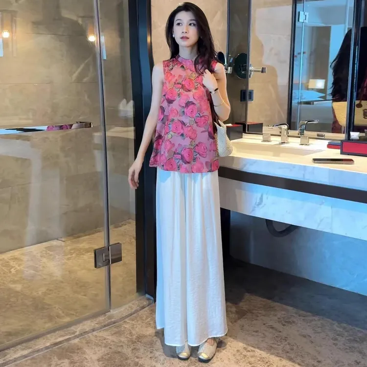 新中式国风套装女2025夏季新款洋气圆领提花旗袍衬衫阔腿裤两件套