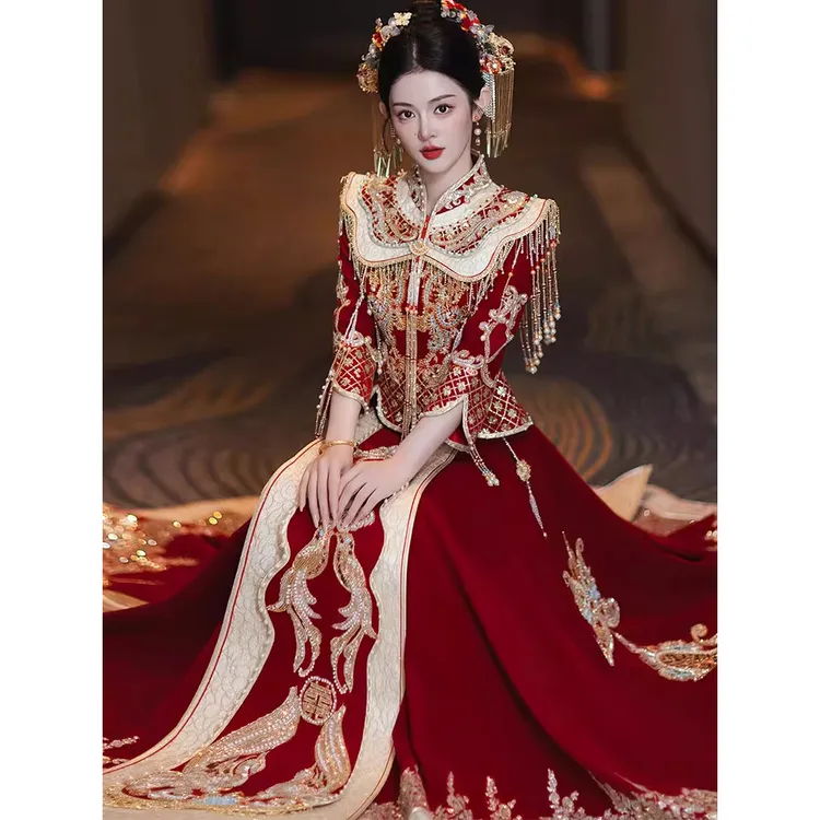 奢华丝绒秀禾服珠绣2025新款凤冠霞帔新娘结婚中式礼服重工出阁服