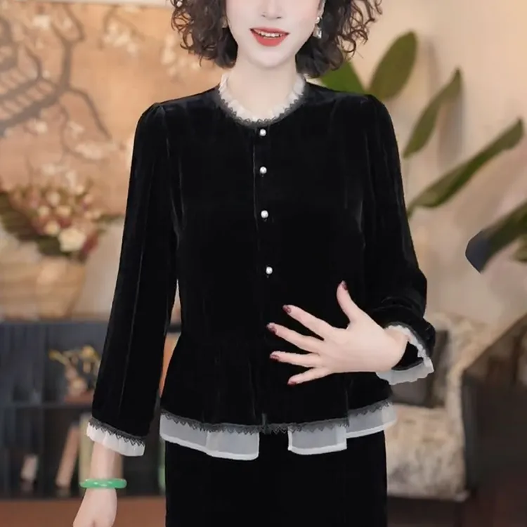 法式黑色丝绒打底衫女2025秋季时尚显瘦休闲高级感气质假两件上衣