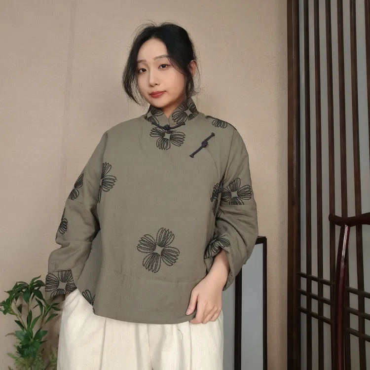 中式国风秋冬斜襟提花刺绣长袖薄款棉服日常百搭老钱风女装25D001